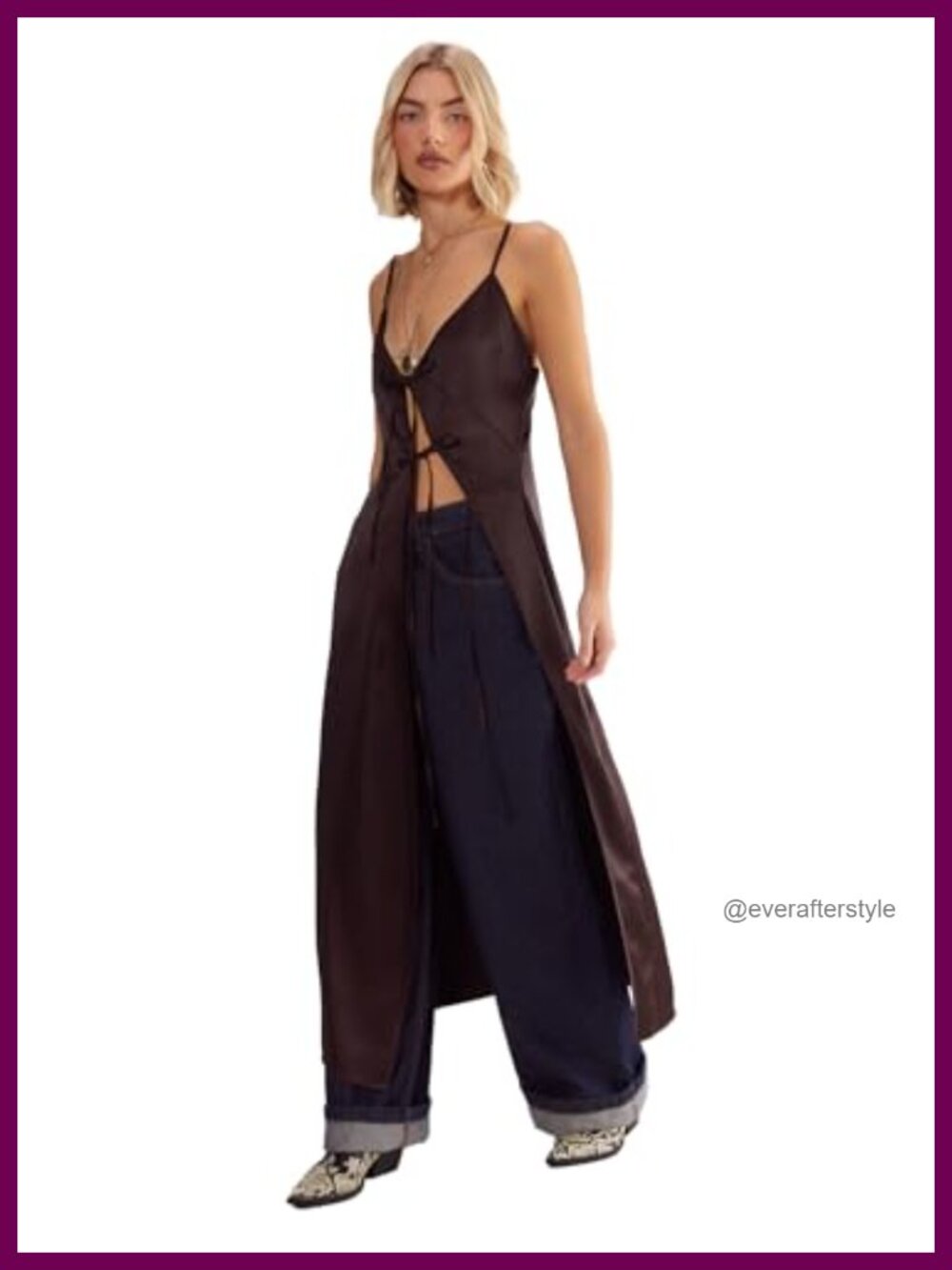 Satin Asymmetric Tie Maxi Top with Side Slit Plunging V-Neck Strappy